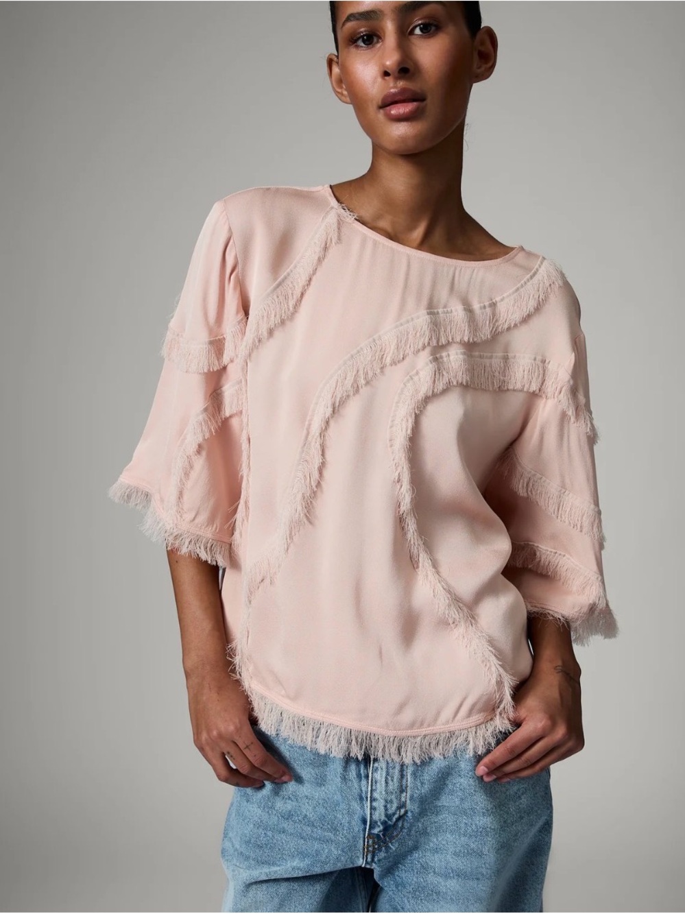 DAY Women's Pale Pink Fringe-Trim Relaxed Blouse size US 10 NWT - Picture 2 of 6